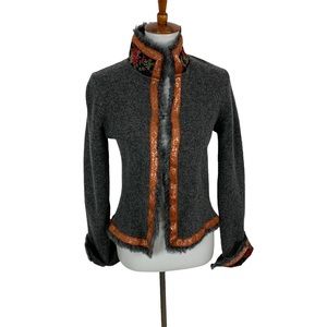 Free People Gray Cardigan with Brown Trim